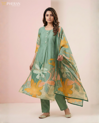 Pheran Women's Sage Green Premium Silk Cotton Suit Set  AM78