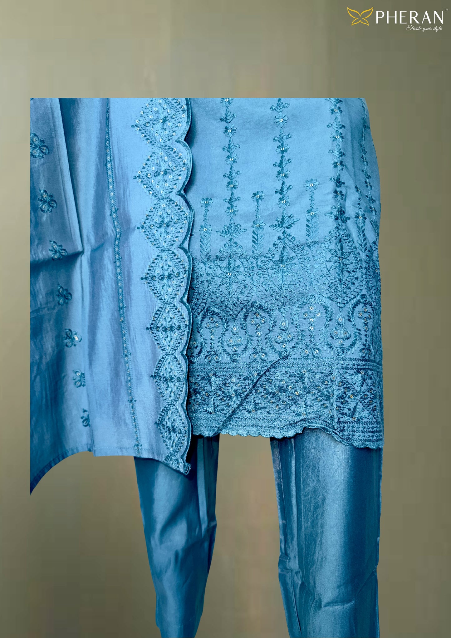 Pheran Premium Teal Embroidered Straight Suit Set (BO-4511-SK)