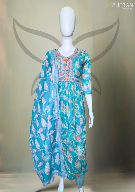 Pheran Premium Women's  Teal Floral Anarkali Suit (M4-1236-SB-AK)