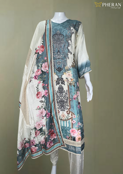 Pheran White and Blue Floral Digital Printed Kurta Set with Floral Embroidered Dupatta
(BO-CS-OW)