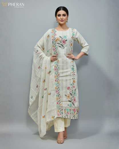 Pheran Women’s Ivory Floral Embroidered Kurta Set with Dupatta