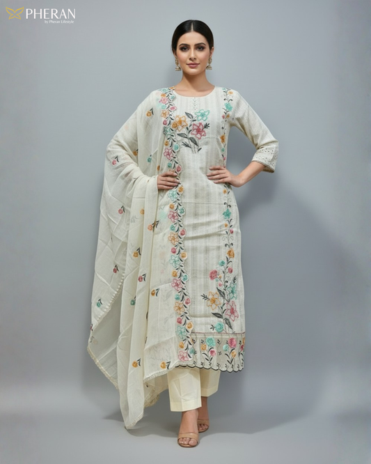 Pheran Women’s Ivory Floral Embroidered Kurta Set with Dupatta