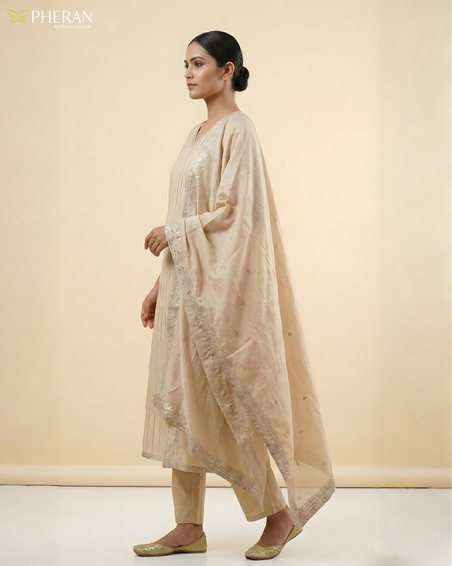 Pheran Women's Elegant Beige Suit Set with Silver Detailing AM76