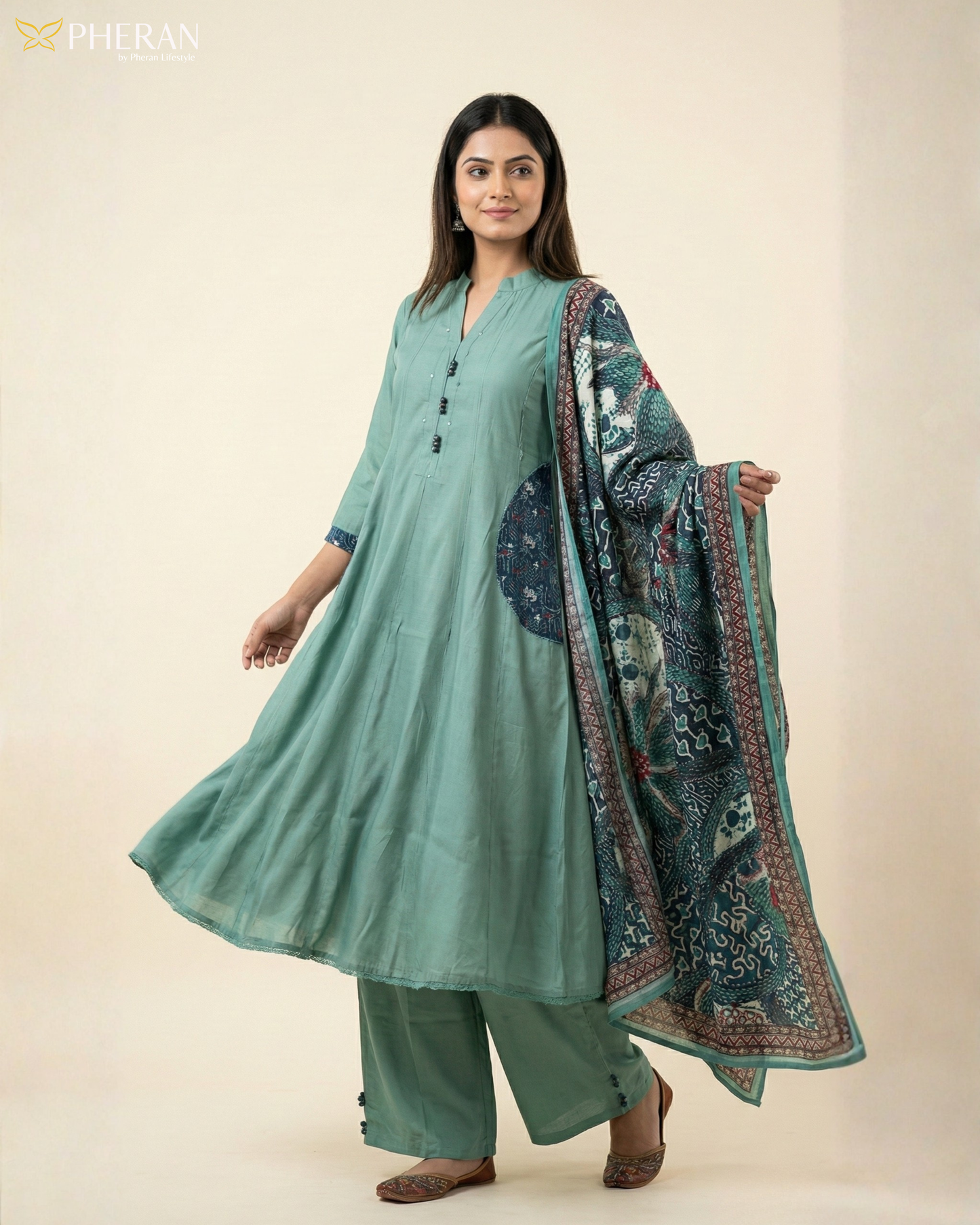 Pheran Women's Sage Green A-Line Suit with Printed Dupatta AM80