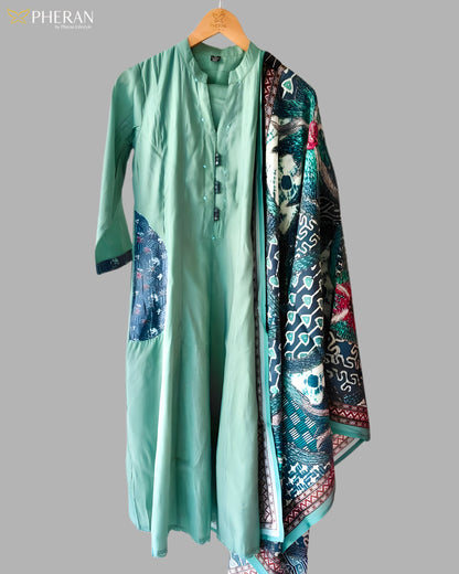 Pheran Women's Sage Green A-Line Suit with Printed Dupatta AM80