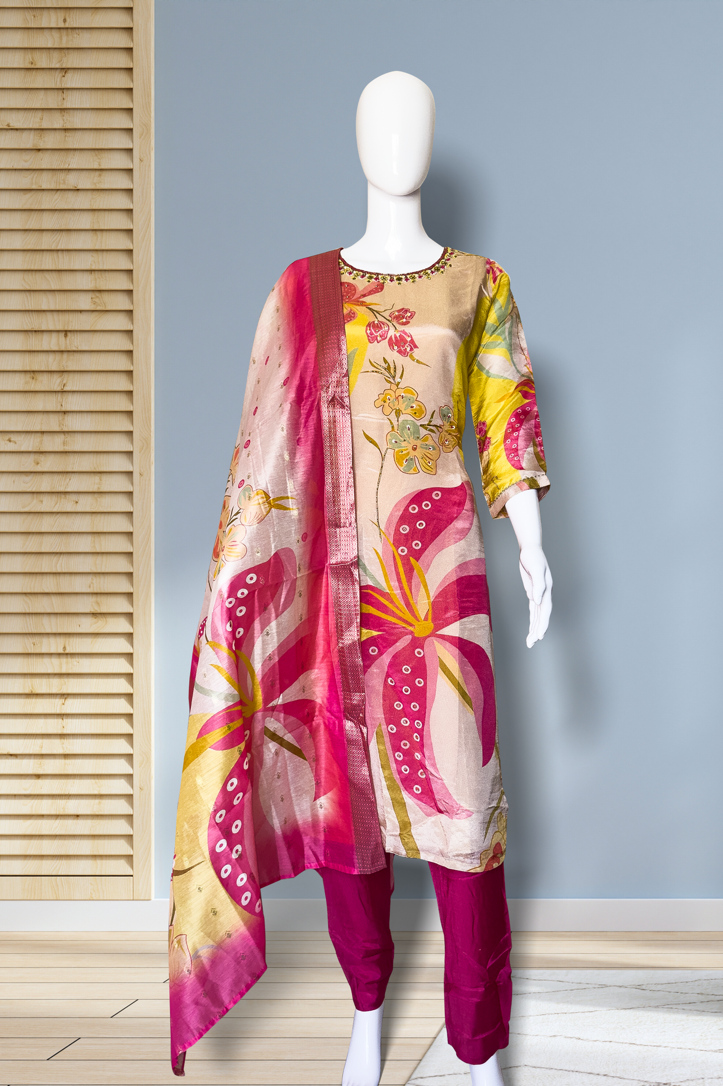 Pheran Multicolor Floral Silk Kurta Set with Dupatta (BO-3313-PK)