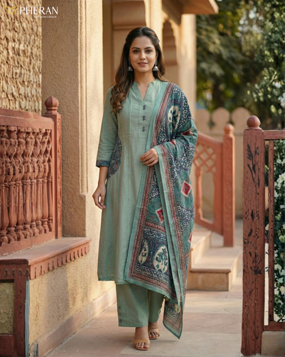 Pheran Women's Sage Green A-Line Suit with Printed Dupatta AM80