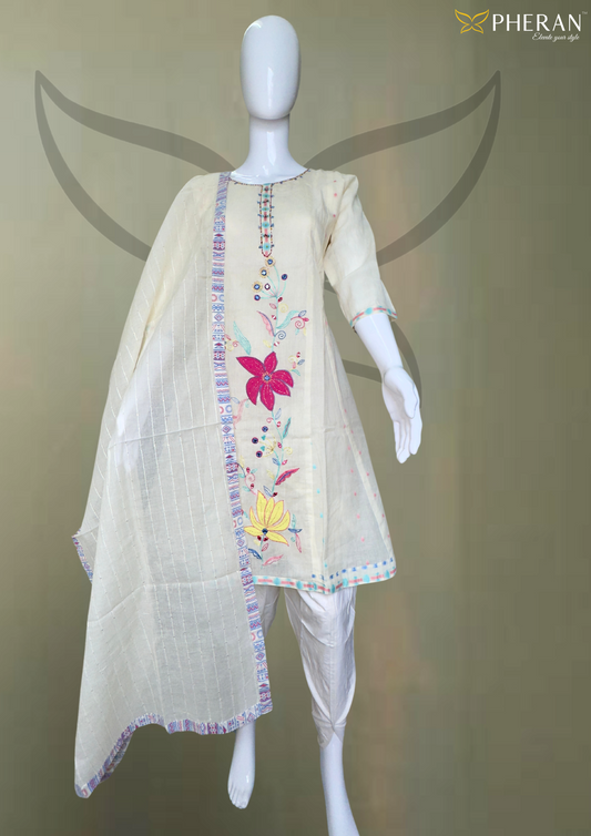 Pheran Cream Cotton Floral Embroidered Kurta Set with Dupatta (BO-DN-107)