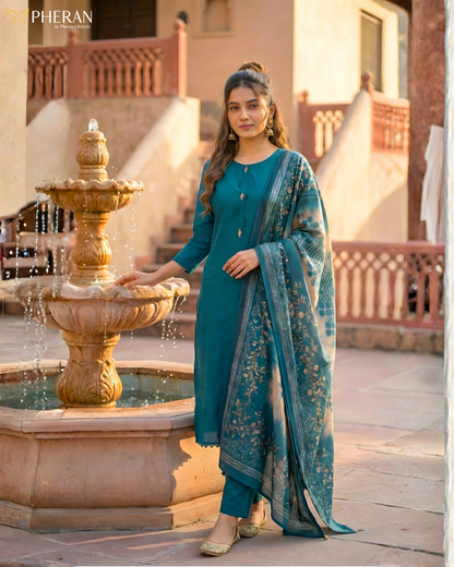 Pheran Women's Deep Teal Suit Set with Kalamkari-Inspired Print Dupatta AM77