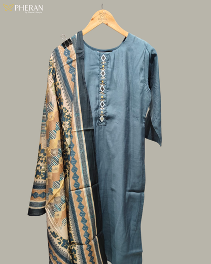 Pheran Women's Teal Blue and Ochre Print Modal Suit Set AM86