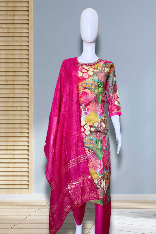 Pheran Multicolored Abstract Printed Kurta Set with Fuchsia Dupatta (M4-M100-MC-SU)