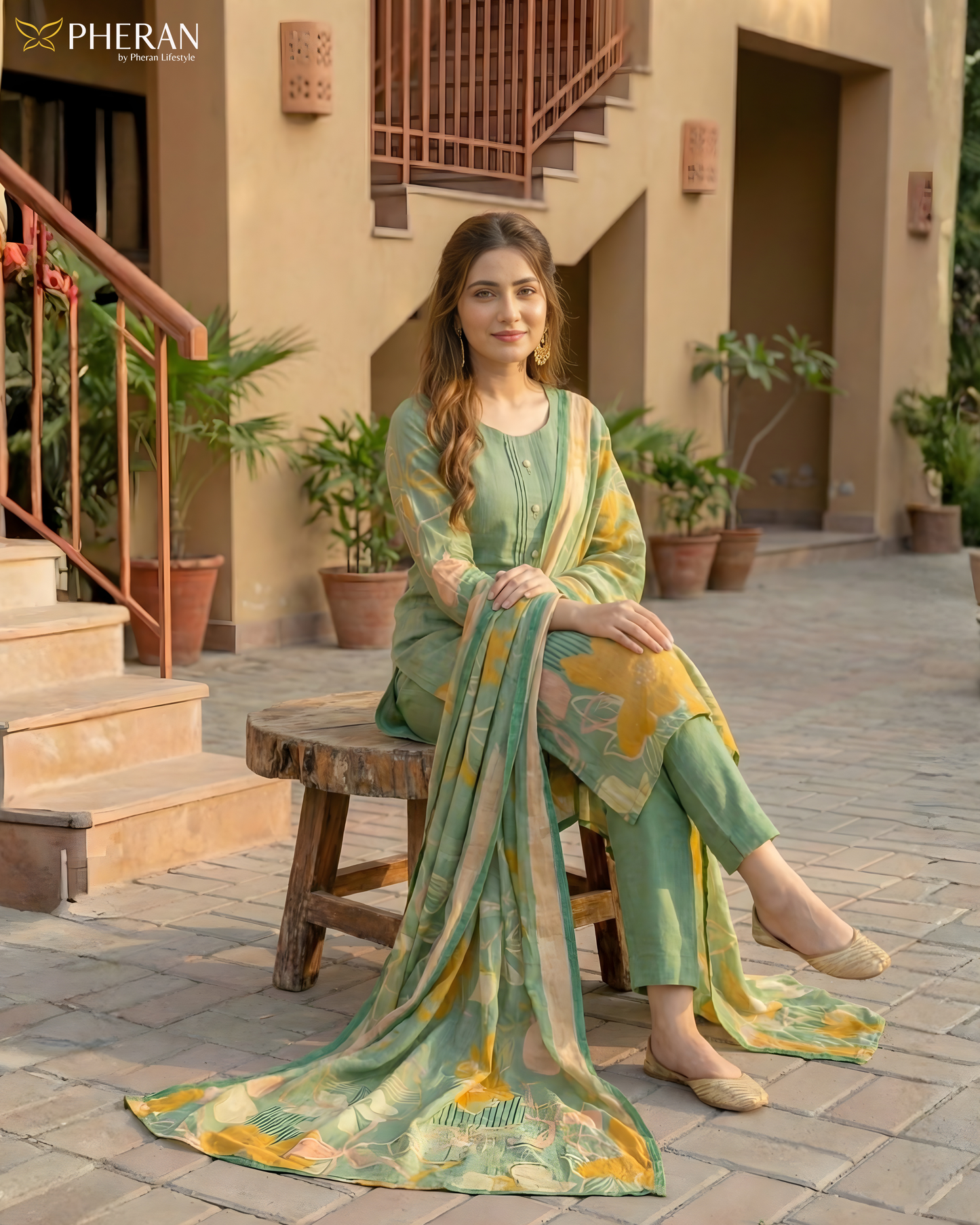 Pheran Women's Sage Green Premium Silk Cotton Suit Set  AM78