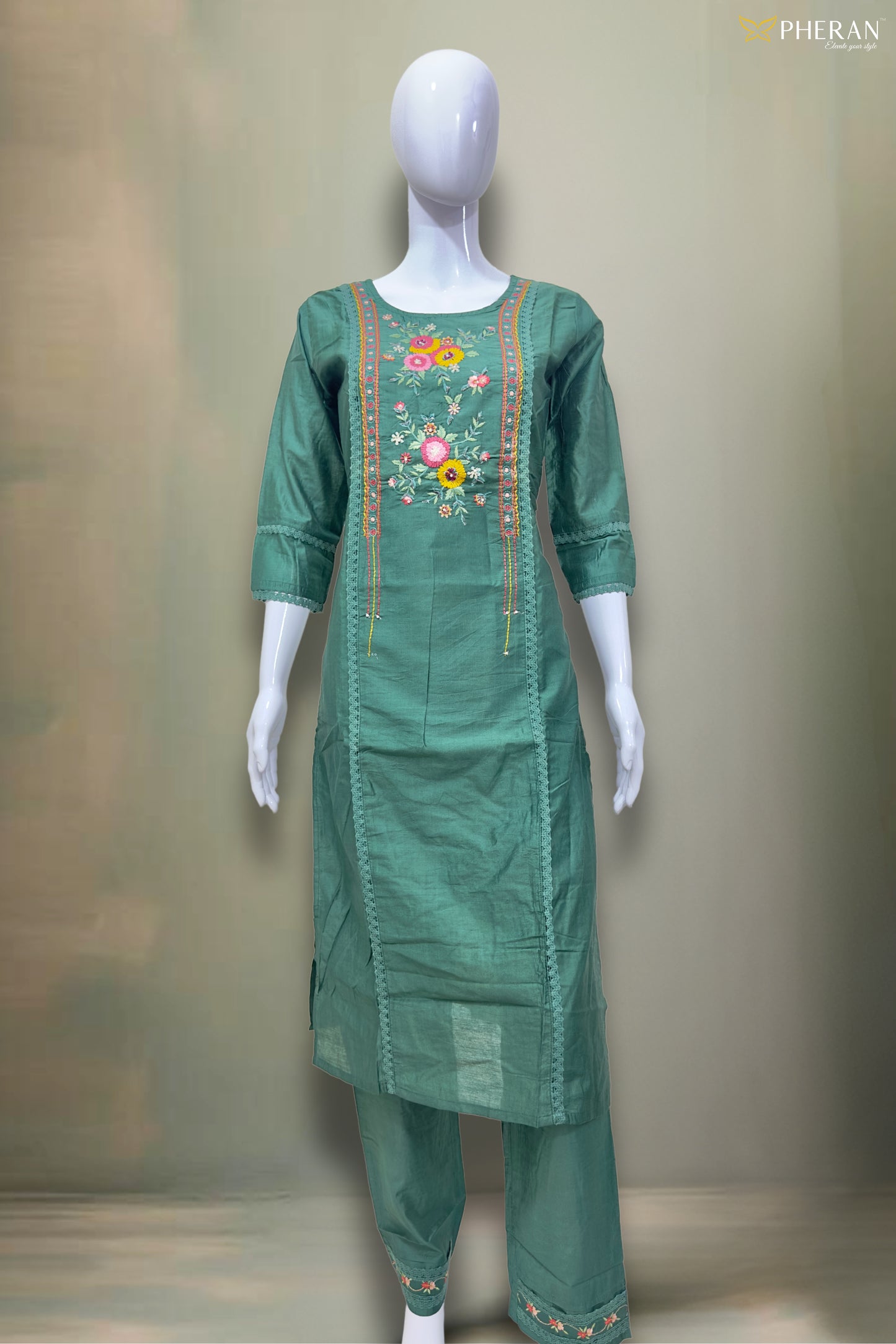 Pheran Verdant Green Embroidered Kurta Set with Dupatta (SV-KL75-GN)