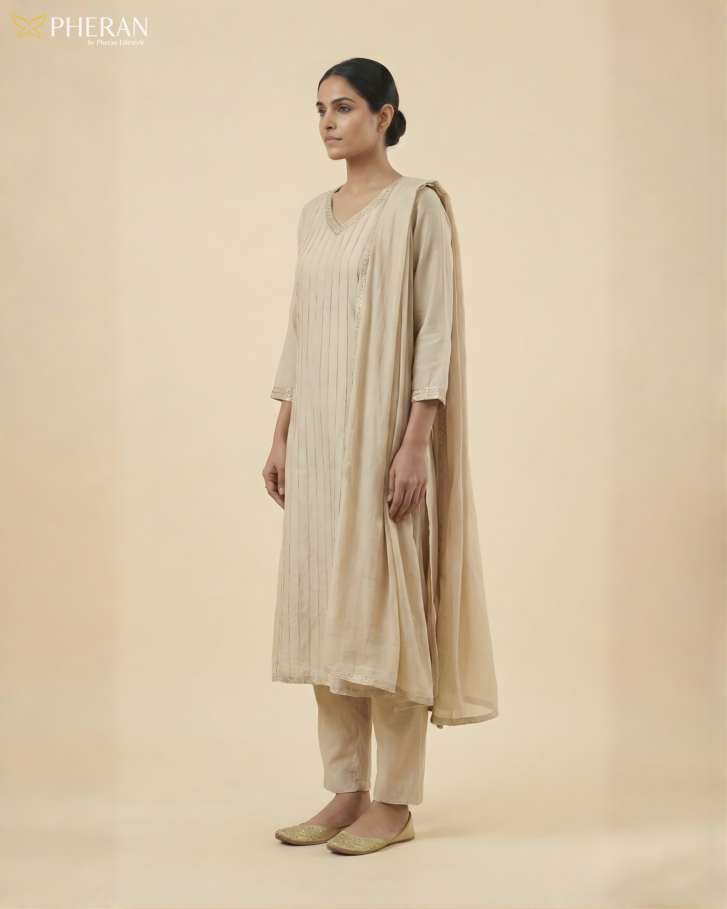 Pheran Women's Elegant Beige Suit Set with Silver Detailing AM76