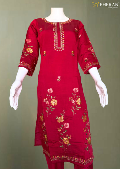 Pheran Premium Red Floral Embroidered Kurta Set (BO-SM-158-RN)