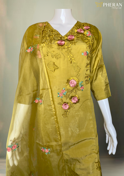 Pheran Women’s Mustard Yellow Floral Embroidered Suit Set with Dupatta (A2-MY-SU)