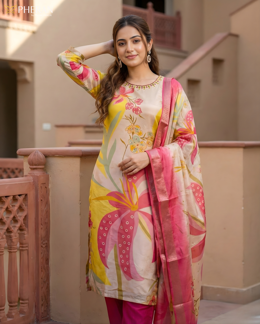 Pheran Multicolor Floral Silk Kurta Set with Dupatta (BO-3313-PK)