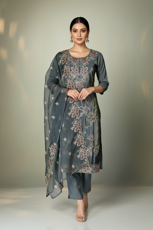 Pheran Charcoal Grey Floral Embroidered Kurta Set with Dupatta (A2-GR-SU)