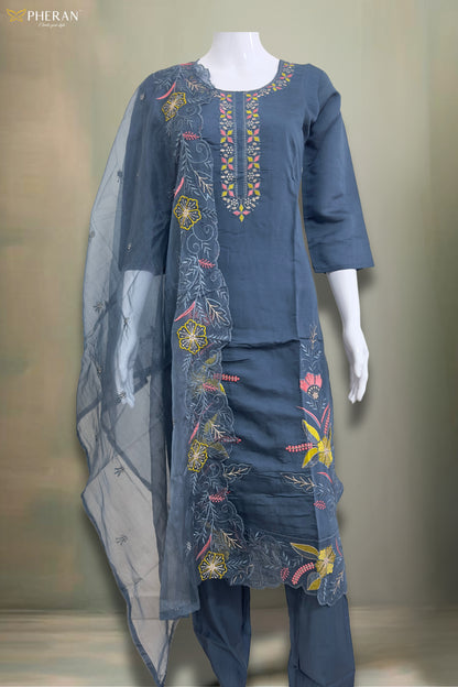 Pheran Slate Grey Embroidered Kurta Set with Organza Dupatta (A2-8GR-95S)