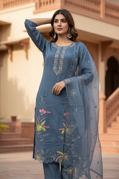 Pheran Slate Grey Embroidered Kurta Set with Organza Dupatta (A2-8GR-95S)