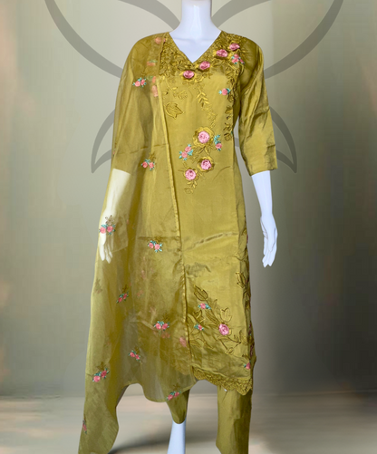 Pheran Women’s Mustard Yellow Floral Embroidered Suit Set with Dupatta (A2-MY-SU)
