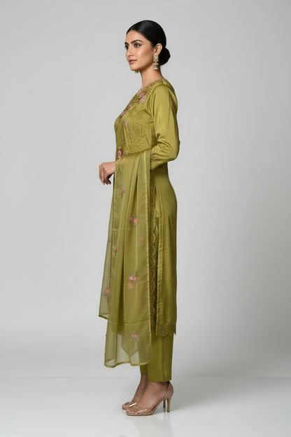 Pheran Women’s Mustard Yellow Floral Embroidered Suit Set with Dupatta (A2-MY-SU)