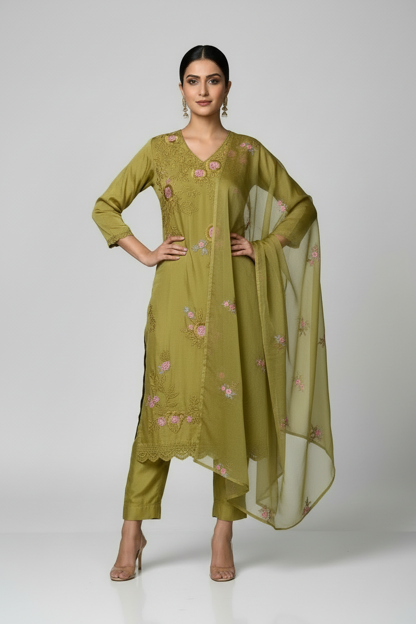 Pheran Women’s Mustard Yellow Floral Embroidered Suit Set with Dupatta (A2-MY-SU)