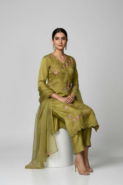 Pheran Women’s Mustard Yellow Floral Embroidered Suit Set with Dupatta (A2-MY-SU)