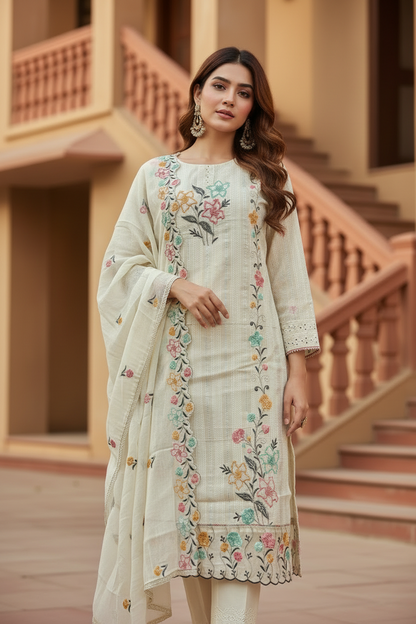 Pheran Women’s Ivory Floral Embroidered Kurta Set with Dupatta