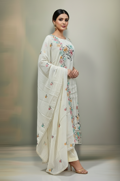 Pheran Women’s Ivory Floral Embroidered Kurta Set with Dupatta