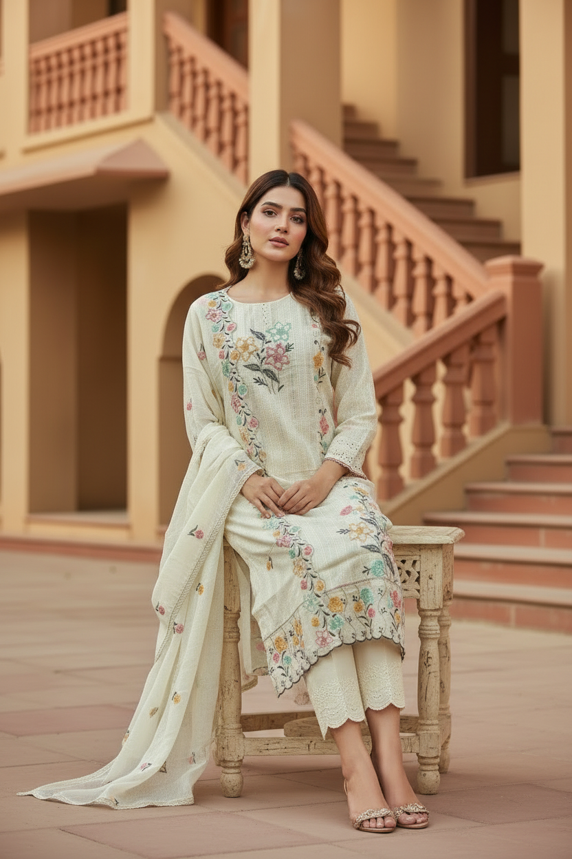Pheran Women’s Ivory Floral Embroidered Kurta Set with Dupatta