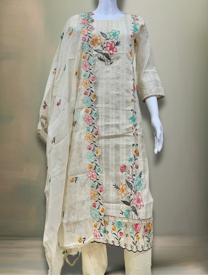 Pheran Women’s Ivory Floral Embroidered Kurta Set with Dupatta
