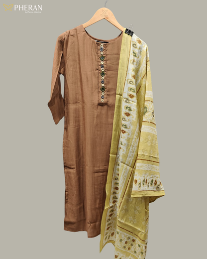 Pheran Women's Brown and Sunshine Print Modal Suit Set  AM85