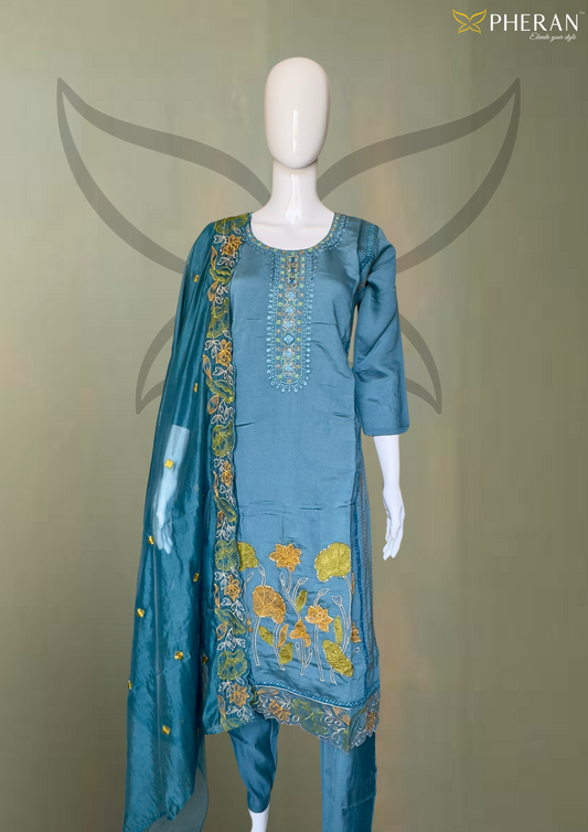 Pheran Teal Blue Floral Embroidered Kurta Set with Dupatta (A2-TB-SU)