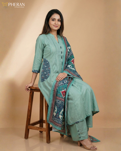 Pheran Women's Sage Green A-Line Suit with Printed Dupatta AM80