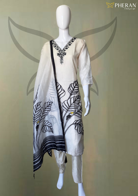 Pheran White and Black Embroidered Kurta Set with Botanical Printed Dupatta (BO-A1-0110-CR)