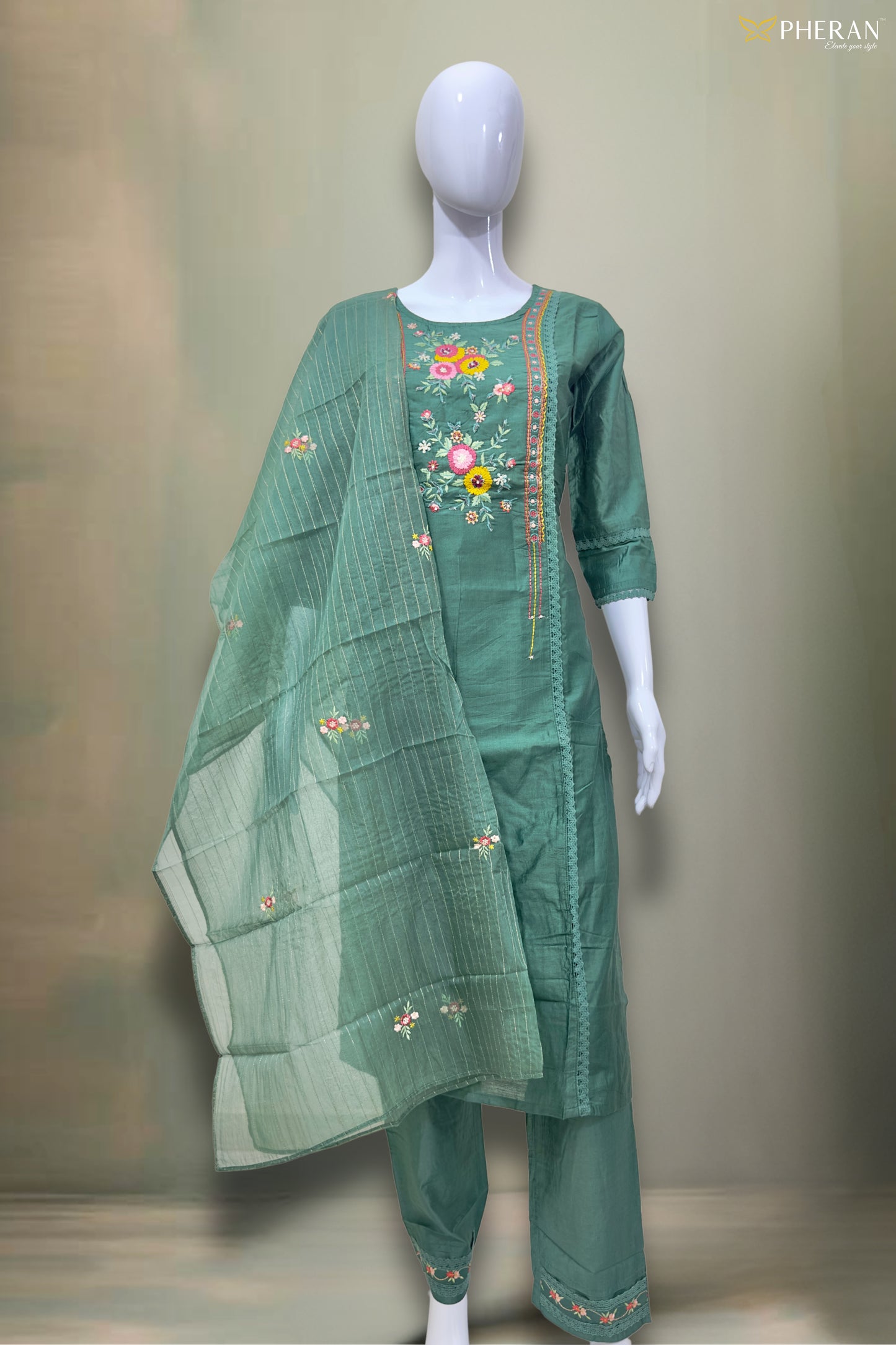 Pheran Verdant Green Embroidered Kurta Set with Dupatta (SV-KL75-GN)