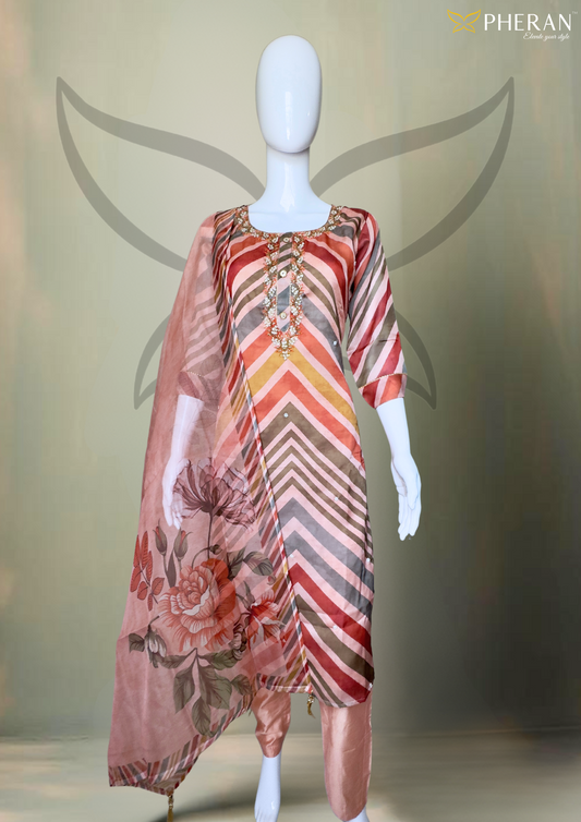 Pheran Peach Multicolored Striped Kurta Set with Floral Dupatta (M4-HE42-PM-SU)