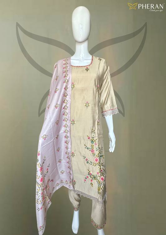 Pheran Beige Floral Embroidered Kurta Set with Light Pink Dupatta (A2-BEP-SU)