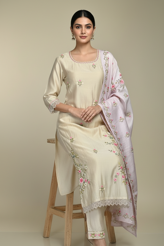 Pheran Beige Floral Embroidered Kurta Set with Light Pink Dupatta (A2-BEP-SU)