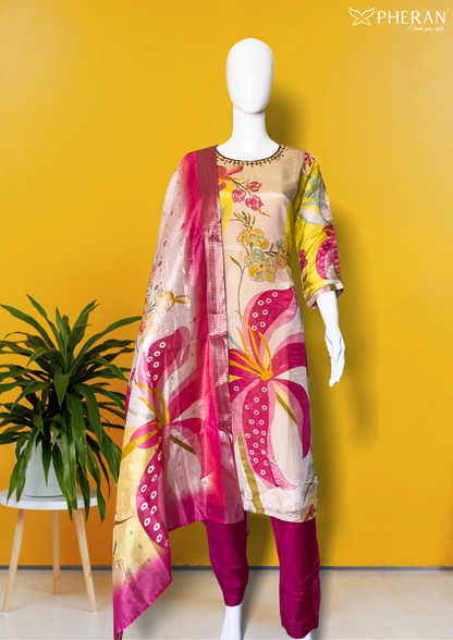 Pheran Multicolor Floral Silk Kurta Set with Dupatta (BO-3313-PK)