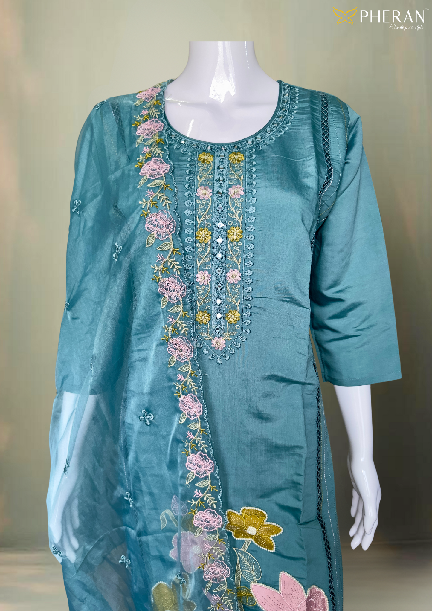 Pheran Teal Green Floral Embroidered Satin Silk Kurta Set with Dupatta (A2-TGS-SU)