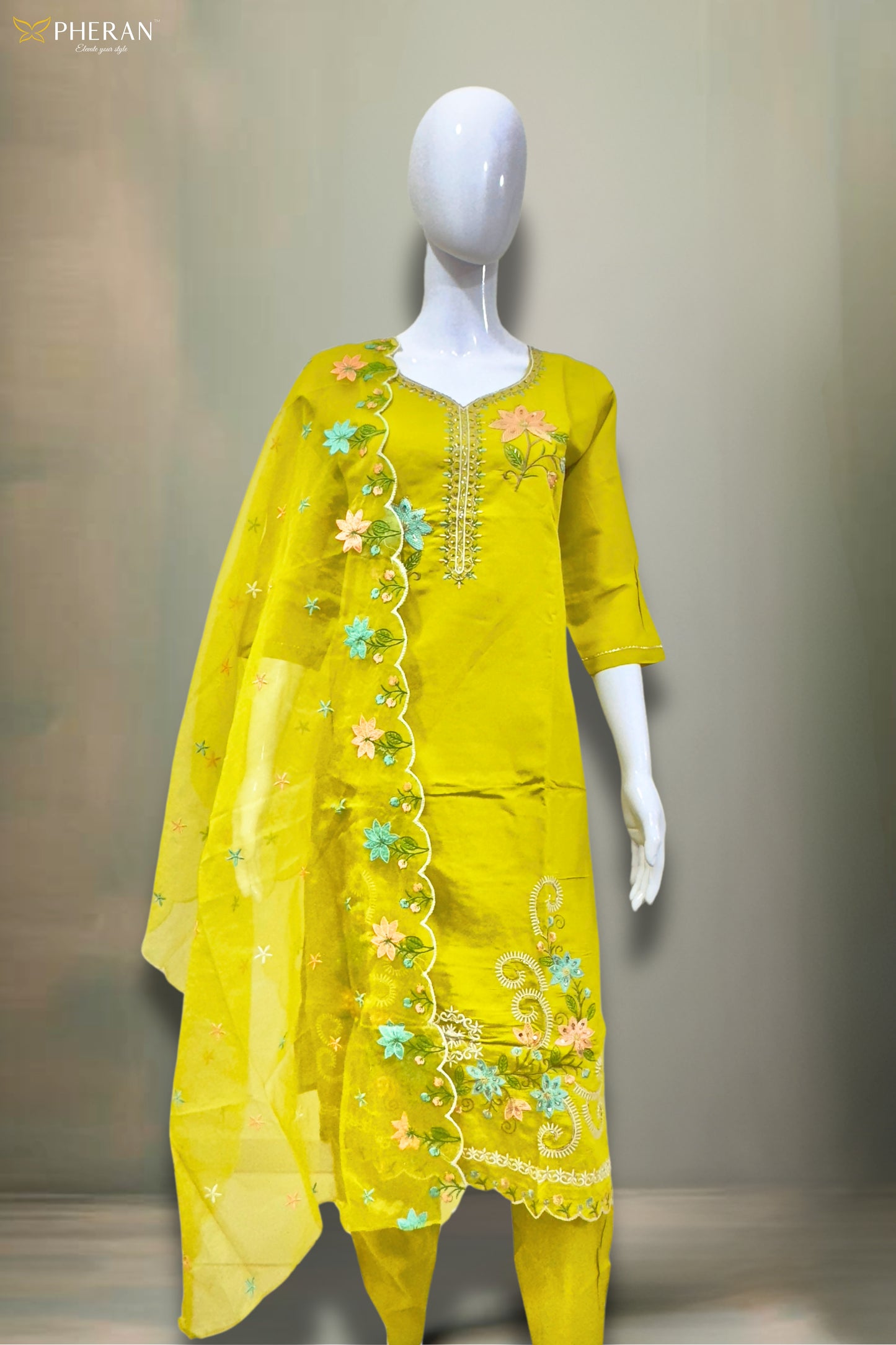 Pheran Women’s Lime Green Floral Embroidered Kurta Set with Dupatta (A2-2510-LG)