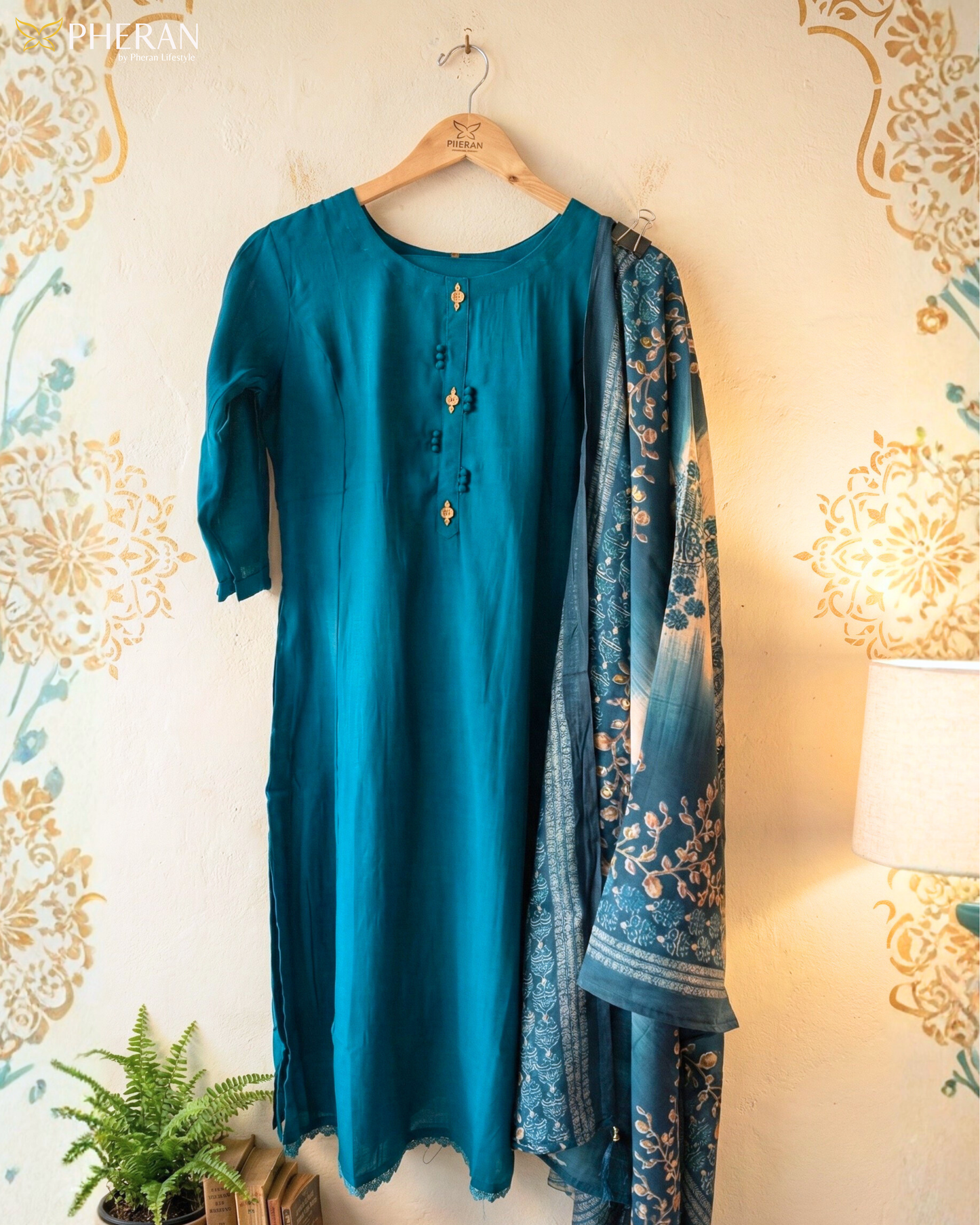 Pheran Women's Deep Teal Suit Set with Kalamkari-Inspired Print Dupatta AM77