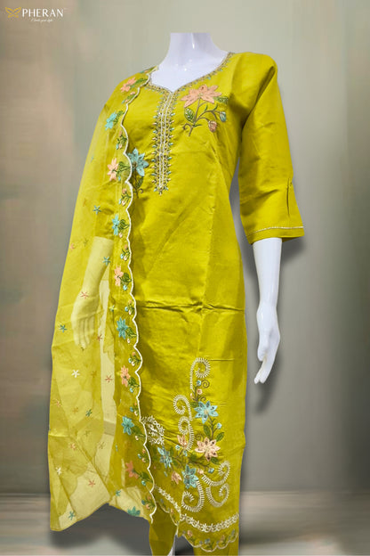 Pheran Women’s Lime Green Floral Embroidered Kurta Set with Dupatta (A2-2510-LG)