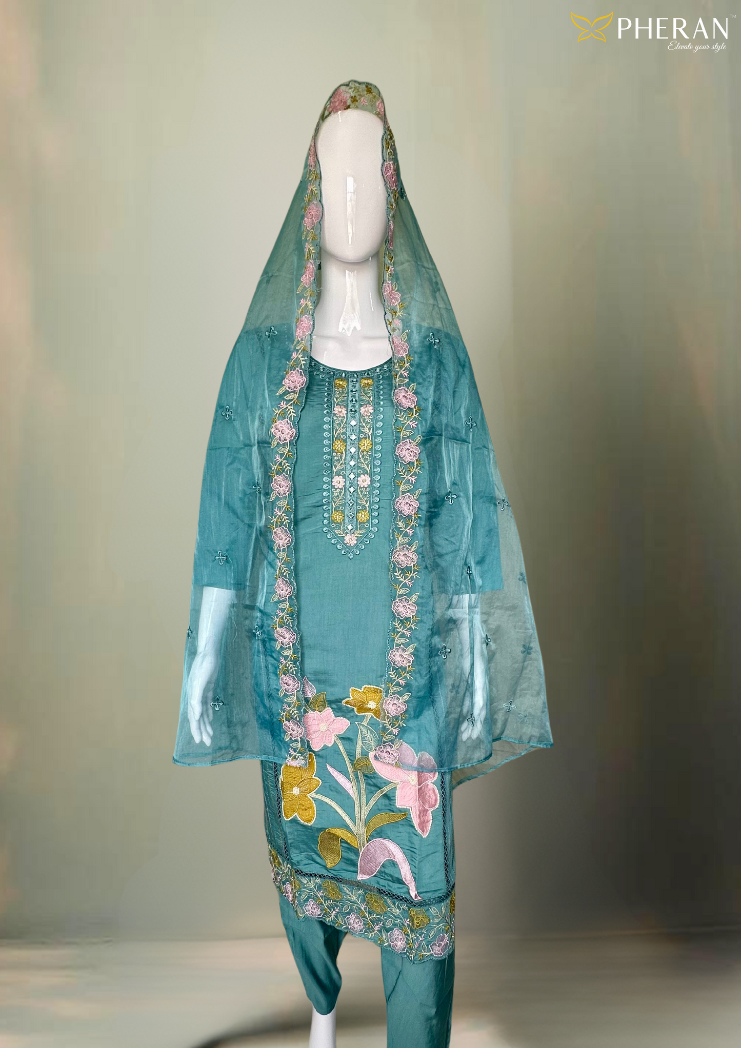 Pheran Teal Green Floral Embroidered Satin Silk Kurta Set with Dupatta (A2-TGS-SU)