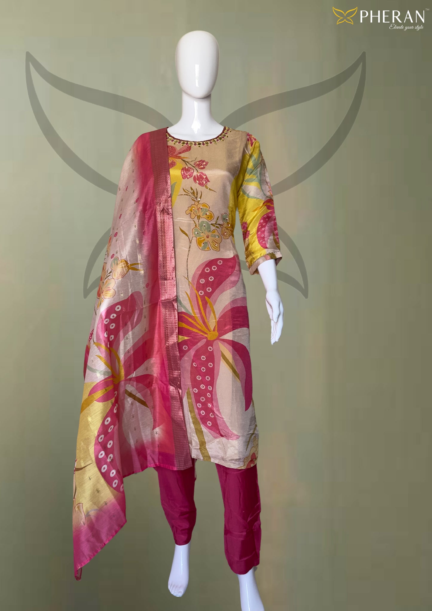 Pheran Multicolor Floral Silk Kurta Set with Dupatta (BO-3313-PK)