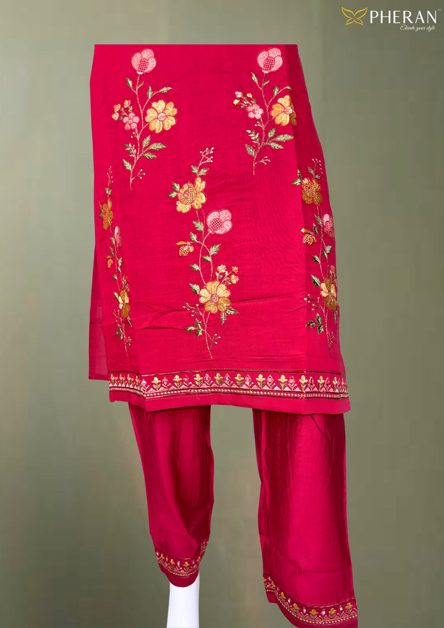 Pheran Premium Red Floral Embroidered Kurta Set (BO-SM-158-RN)