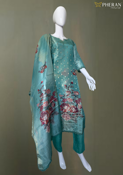 Pheran Teal Floral Printed Silk Kurta Set with Dupatta (BO-AU-05-RA)