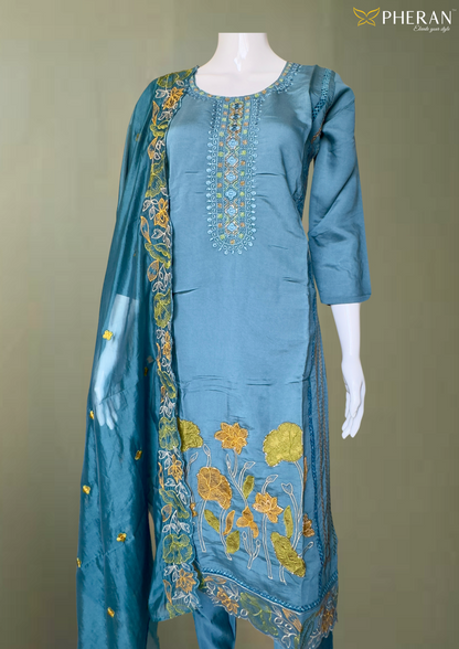 Pheran Teal Blue Floral Embroidered Kurta Set with Dupatta (A2-TB-SU)